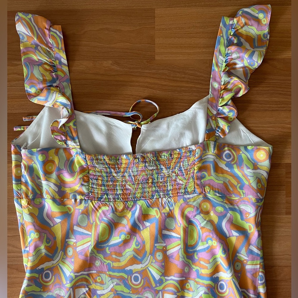 Olivia Rubin Amaya Abstract Print Midi Slip Multicolor Ruffle Dress Size 14 - Picture 14 of 15
